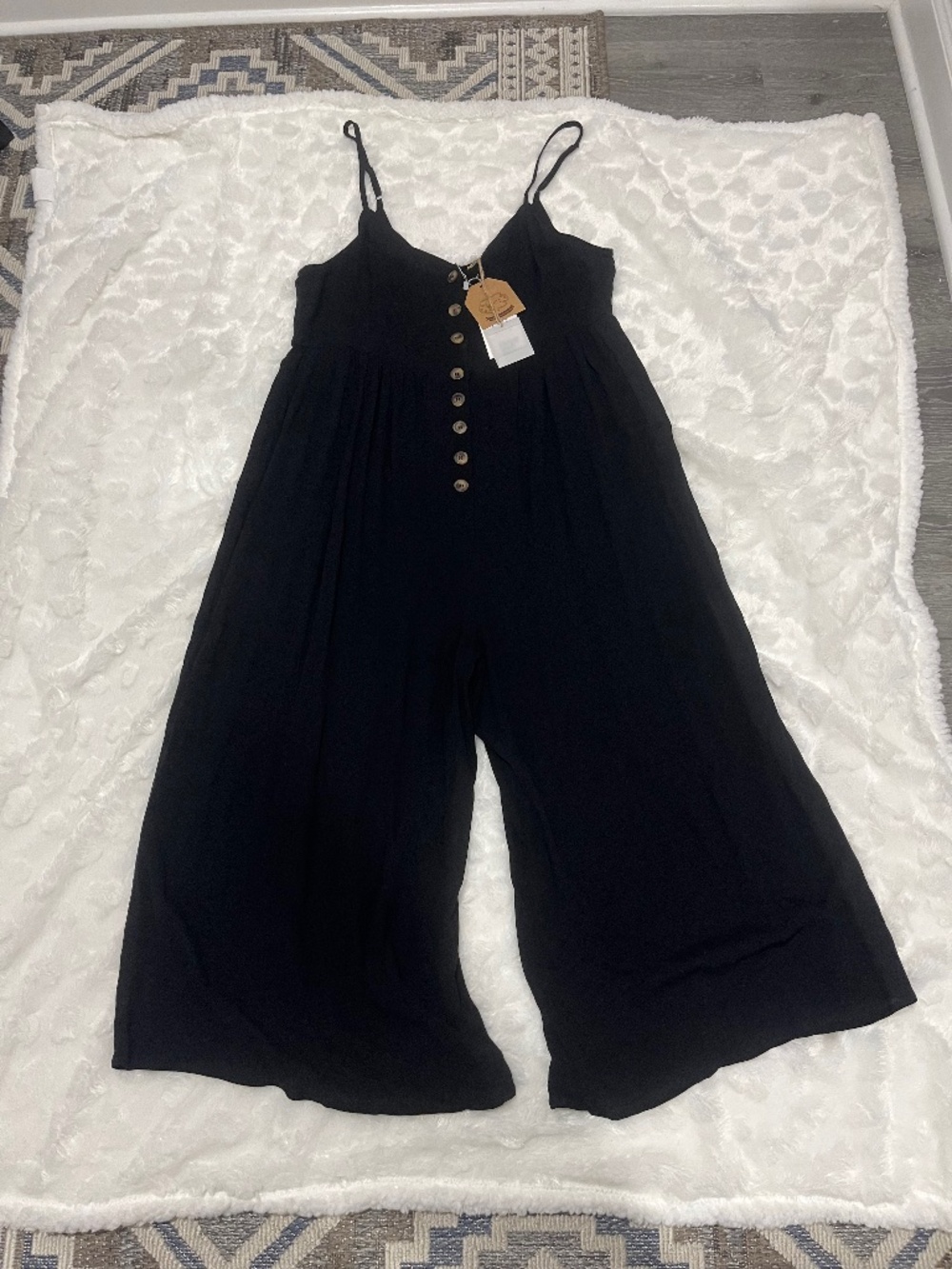 Kori spaghetti strap, black button down jumpsuit, gaucho style size medium NWT